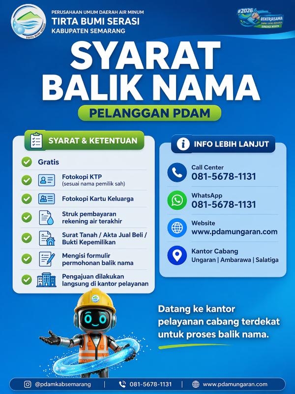 Mudah dan Gratis! Begini Syarat Balik Nama Pelanggan Perumda Tirta Bumi Serasi Kabupaten Semarang